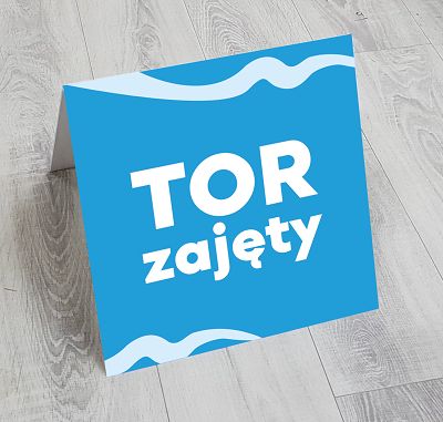 Stand z grafiką, potykacz, znak - tor zajety blue