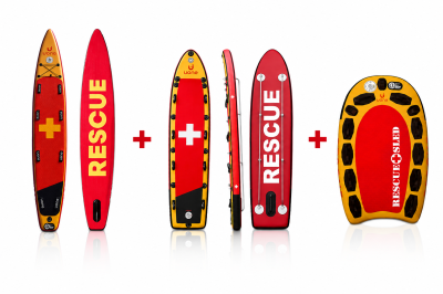 Profesjonalny Zestaw Ratowniczy RESCUE 3w1 – Deska SUP + Sanie Lodowe + Platforma do Skutera Wodnego